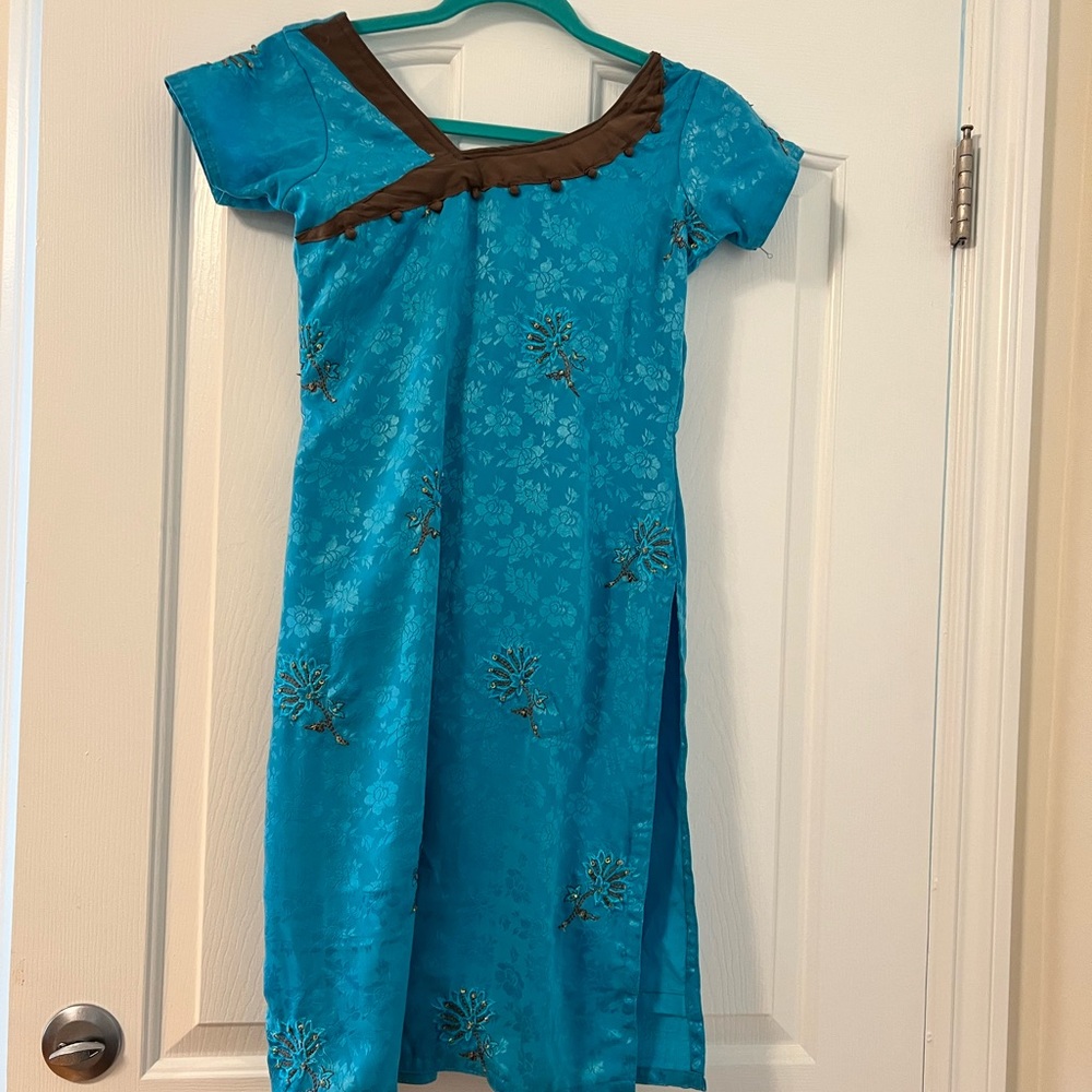 Blue and Brown Silk Crepe de Chine Salwar Indian Dress